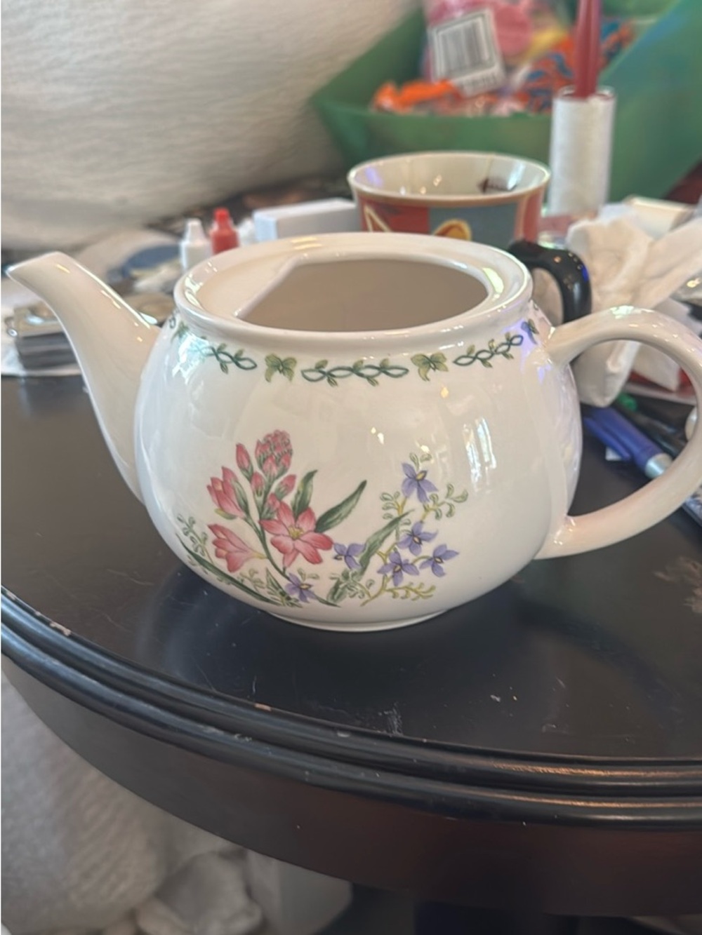 Floral Ceramic Teapot with Pink and Purple Blossoms no top great planter center